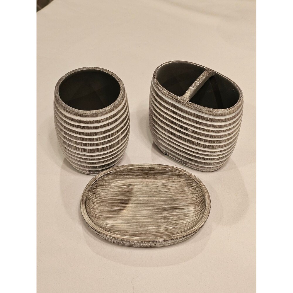 DKNY Neutral Striped Bathroom Accessory Set - 3 Piece